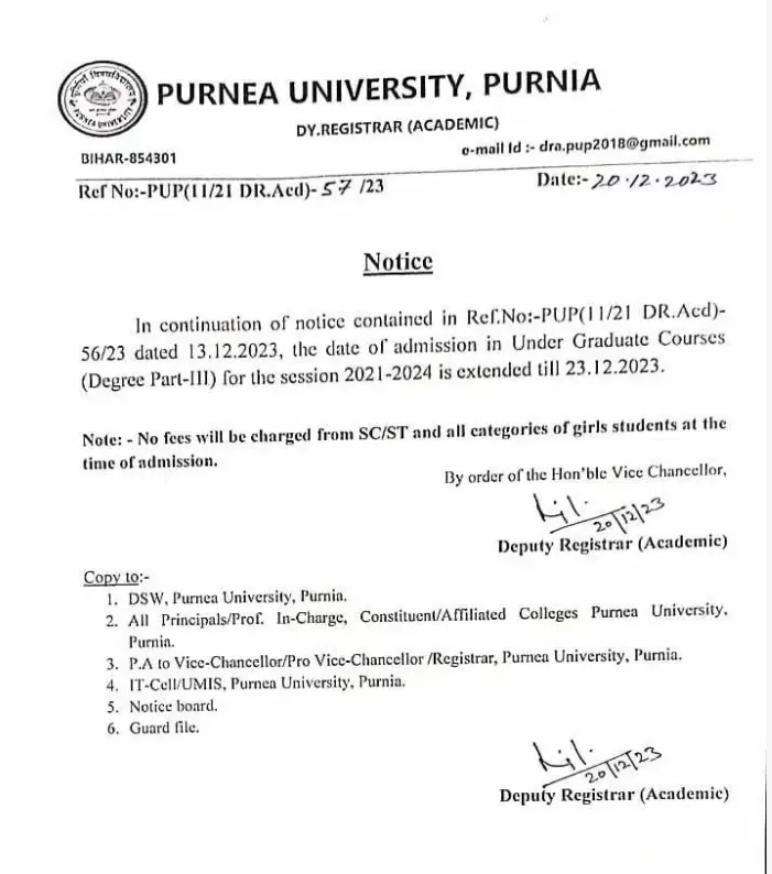 Purnea University Part 3rd Admission 2021-24